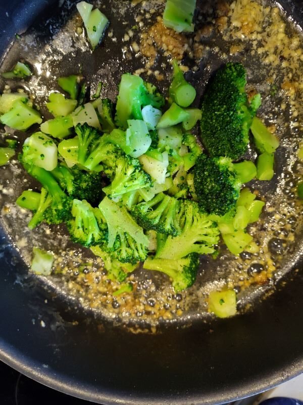 Adding the brocolli for the Low Carb Salmon and Brocolli 