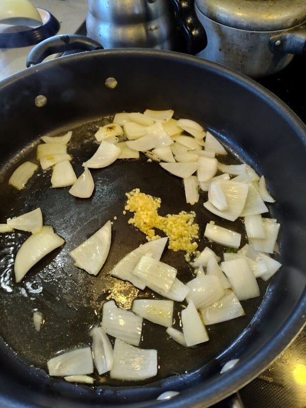 Add your onions that are thinly sliced and sauté to golden brown and crisp on the edges 5-7 minutes