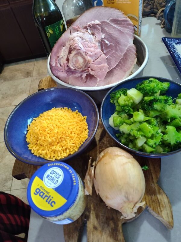 Ingredients to making a ham, broccoli and cheese soup